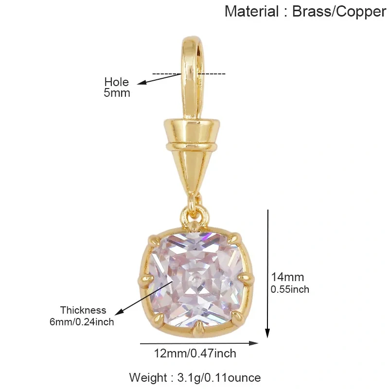 Geometry Round Square Water Drop Shape Charm Pendant,Inlay Colorful Zircon Real 18K Gold Necklace Bracelet Jewelry Supply R48