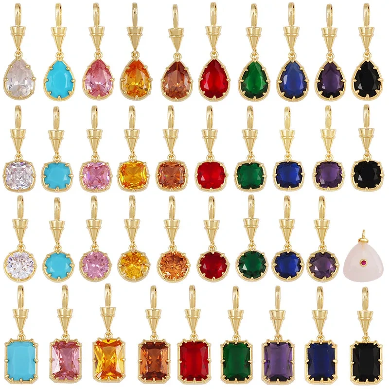 Geometry Round Square Water Drop Shape Charm Pendant,Inlay Colorful Zircon Real 18K Gold Necklace Bracelet Jewelry Supply R48