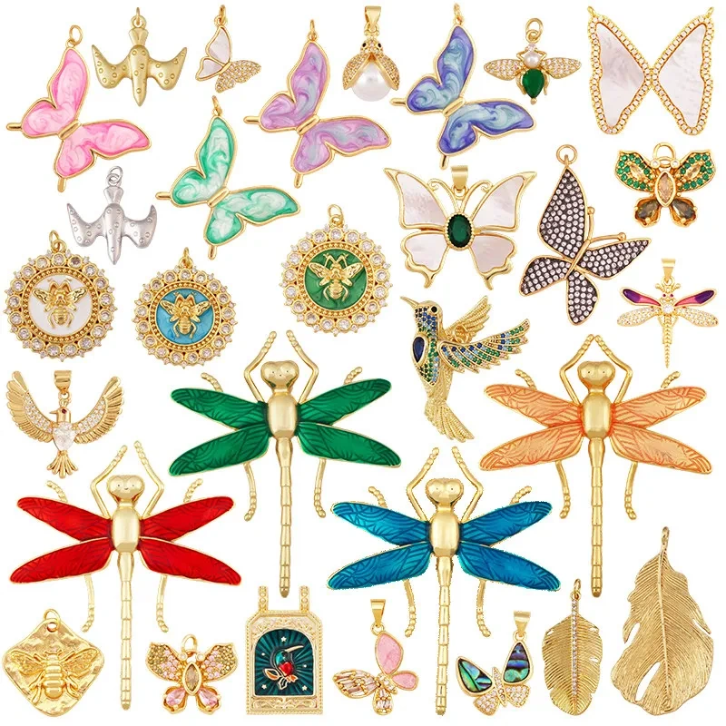Trendy Butterfly Dragonfly Bird Bee Animal Charm Pendant,Real 18K Gold Plated Necklace Bracelet DIY Handmade Jewelry Supply R11