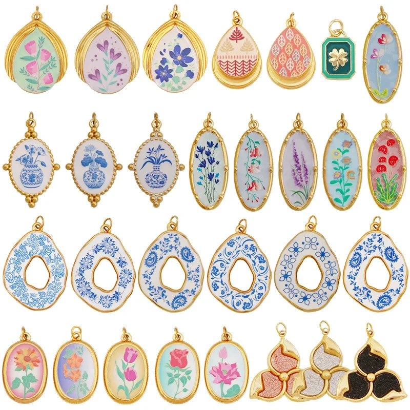Stainless Steel Painted Plants Roses Clover Flower Charms Pendant,DIY Necklace Bracelet Jewelry Pendant Accessory Supply R68