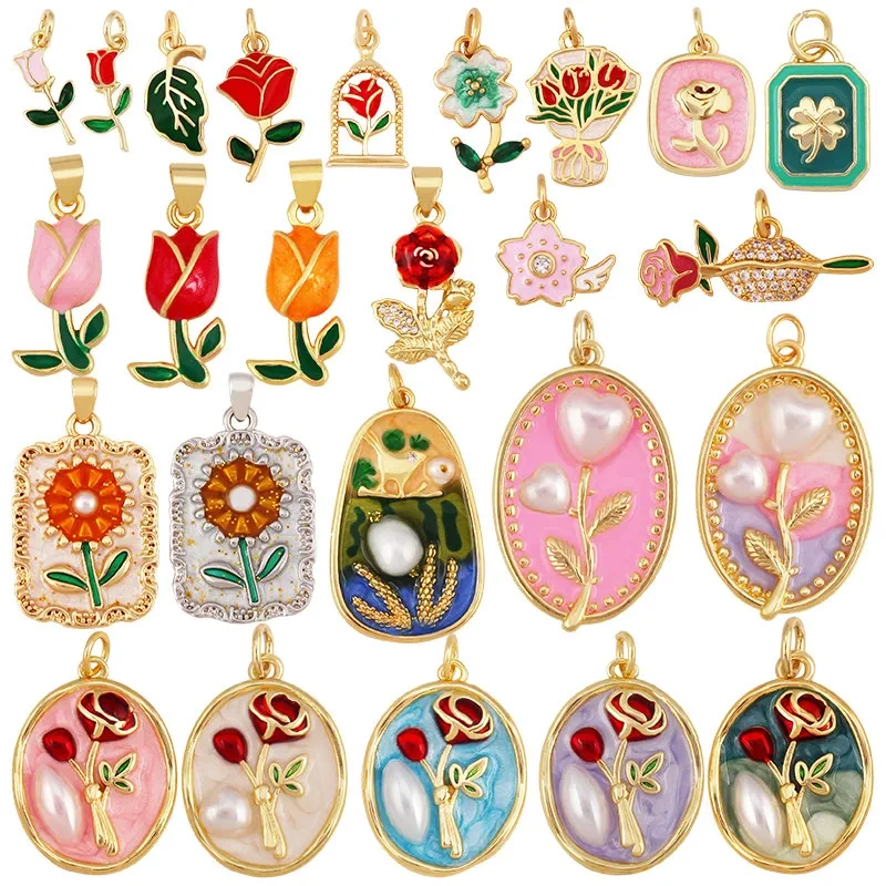 Trendy Enamel Flower Rose Tulip Sunflower Four Leaf Clover Charms Pendant,Cute Floral Necklace Bracelet DIY Jewelry Supplie K04