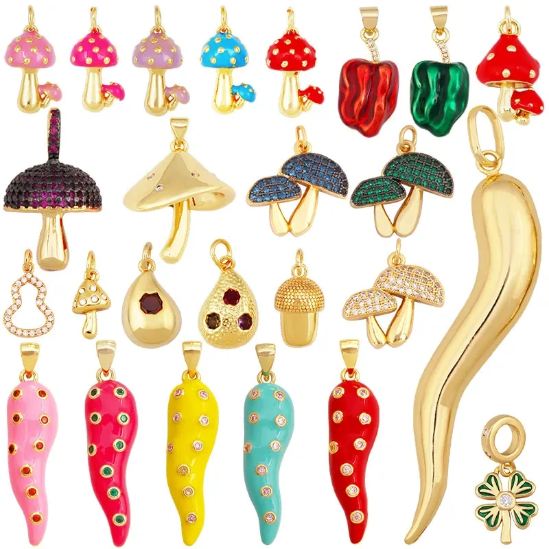 Cute Enamel Red White Mushroom Chili Charm Pendant,Colorful Cubic Zirconia Inlaid Necklaces Bracelet DIY Jewelry Supplies R10