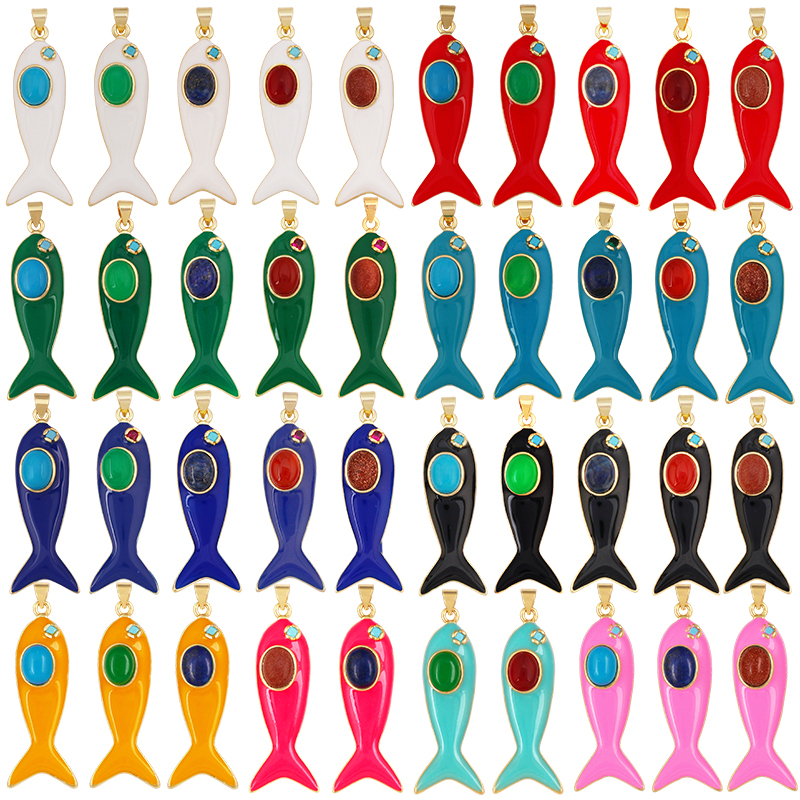 Trendy Multicolor Enamel Fish Ocean Charm Necklace Pendant,18K Real Gold Plated Zircon Summer Beach Holiday Jewelry Supply K91