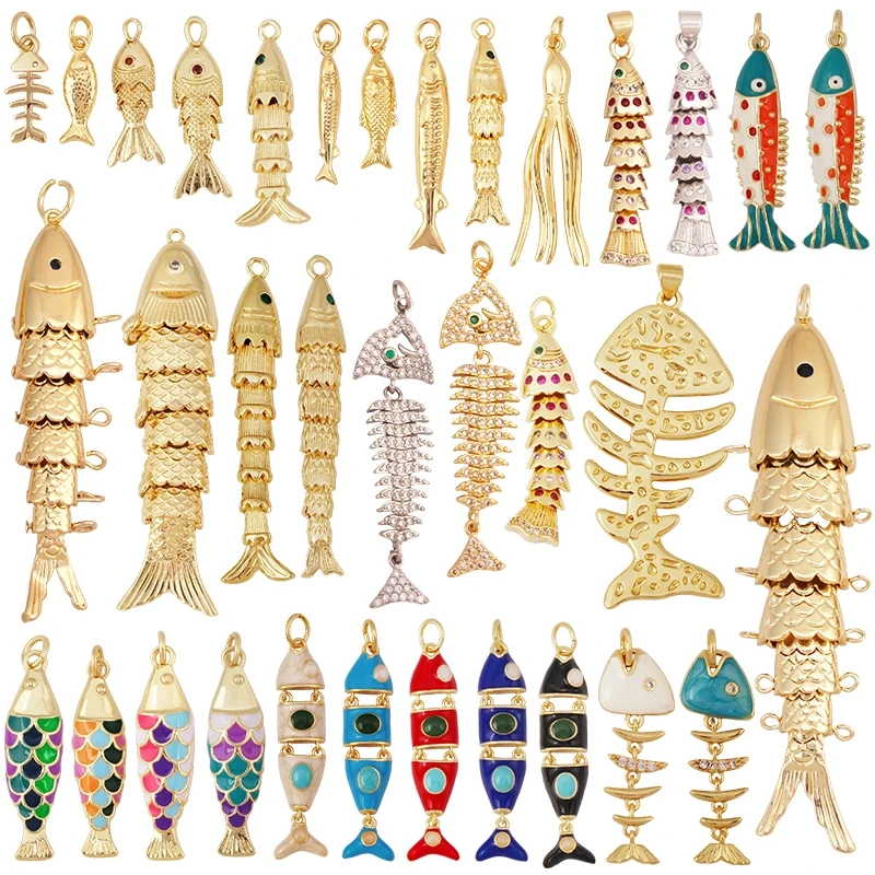 Enamel Fish Bone Squid Marine Sea Dalphin Charm Pendant,18K Real Gold Silver Plated Zircon Jewelry Finding Supplies S87 S75