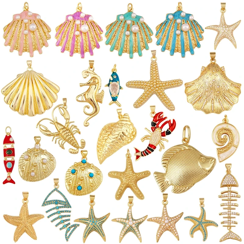 Lobster Conch Fish Bone Starfish Shell Fish Marine Animal Charms Pendants,Jewelry Making DIY Bracelet Necklace Accessories S62