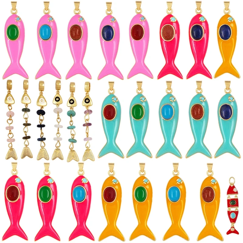 Trendy Multicolor Enamel Fish Ocean Charm Necklace Pendant,18K Real Gold Plated Zircon Summer Beach Holiday Jewelry Supply K91