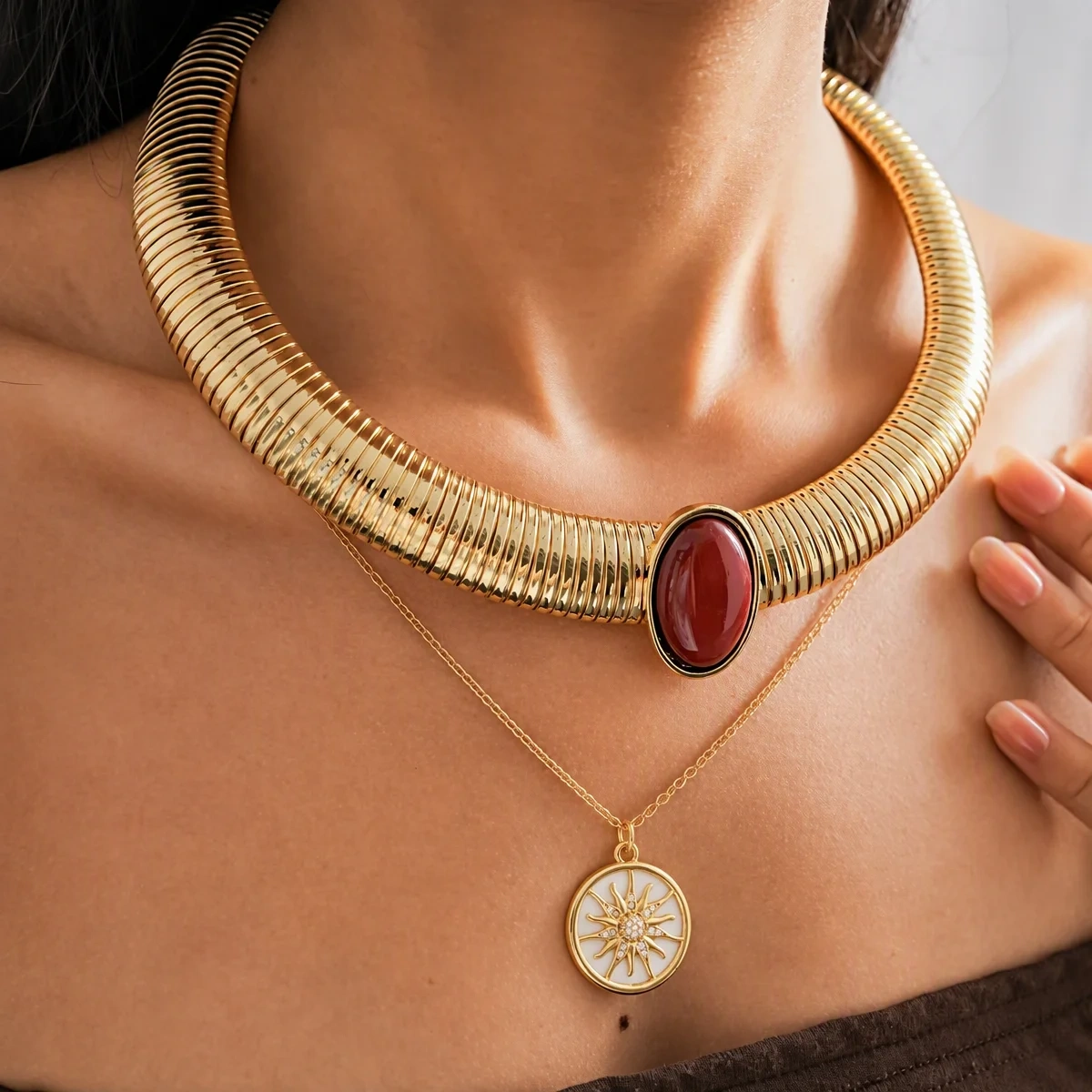 Retro Luxury Metal Resin Oval Necklace,Heavy Exaggerated Statement Clavicle Chain,Trendy Stackable Neck Accessories Supply H24