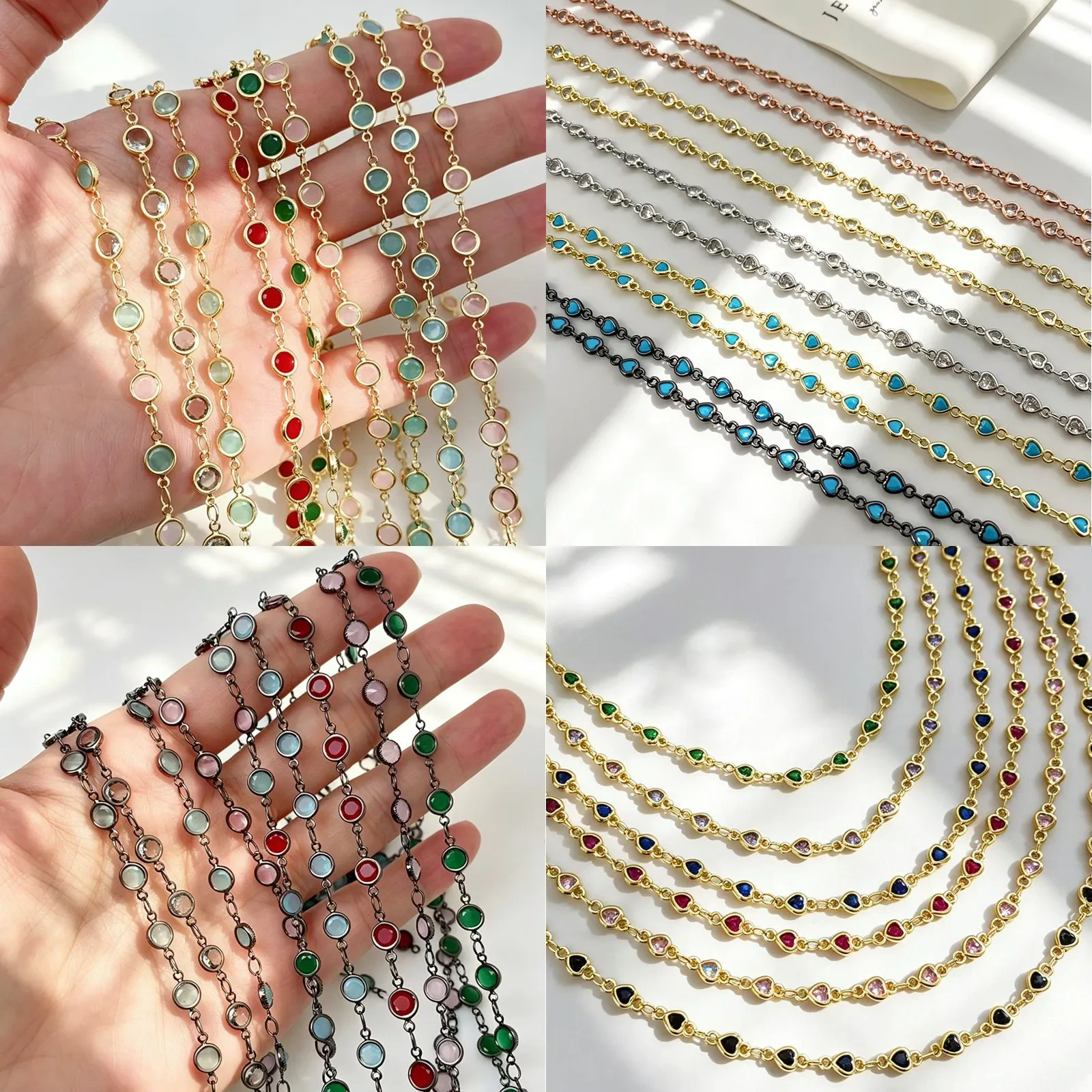 Trendy Heart Opal Round CZ Zircon Link Semi Finished Bulk Brass Chain,DIY Necklace Bracelet Anklet Jewelry Making Supply S72