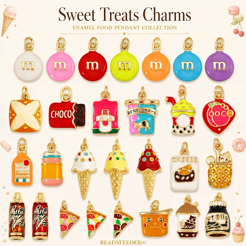 2pcs/lot Cute Enamel Candy Charms Ice Cream Chocolate Pizza Milk Bottle Pendants,Necklace Bracelet Making DIY Craft Supplies J04