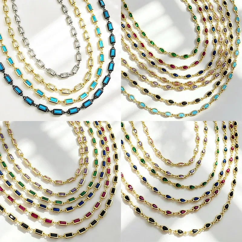 Square Oval Teardrop Zircon Unfinished Cuttable Chain,DIY Beading Accessories for Necklace Bracelet Jewelry Making Supplies R80
