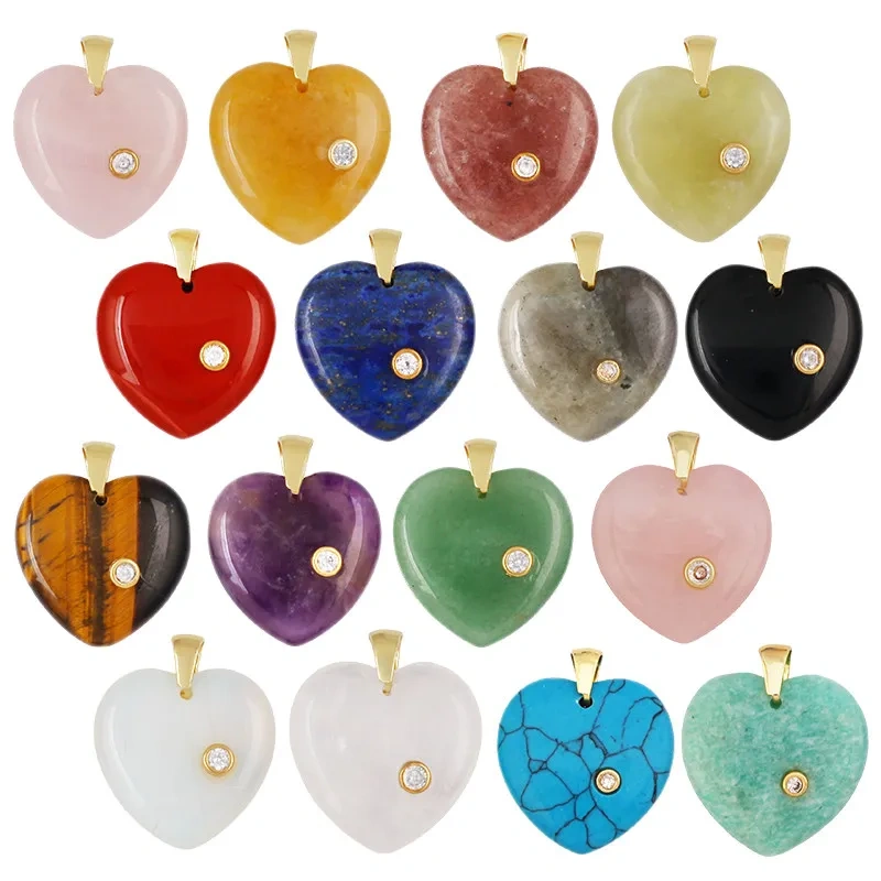 Semi Precious Stone Heart Pendant Necklace,Agate Amazonite Rose Quartz Tiger Eye Lapis Lazuli Turquoise Jewelry Gift Supply R37