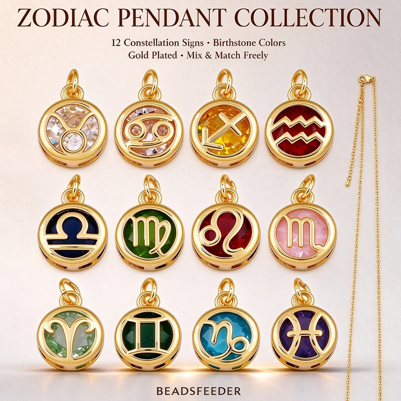 3pcs/Lot Trendy 12 Zodiac Signs Pendant Necklace Charm,Colorful Zircon Small Pendant DIY Jewelry Making Accessories Supplies J26