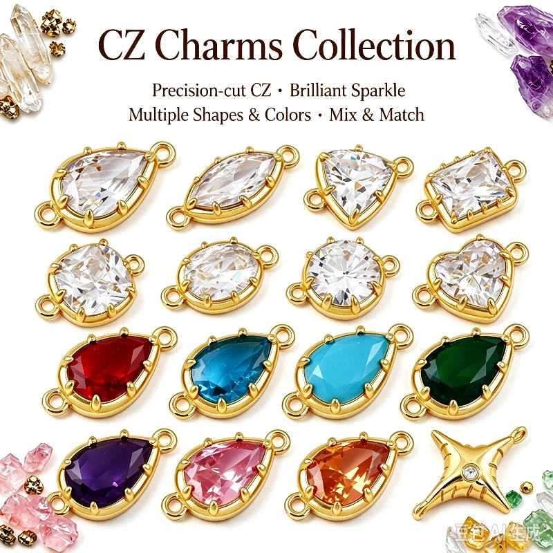 2pcs/Lot Mixed Shapes CZ Crystal Charms Pendants Double Loop Connector,DIY Bracelet Necklace Earring Jewelry Making Findings M49