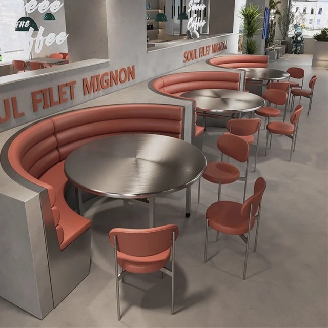 SOF one-stop wholesale indoor stainless steel fast food coffee shop restaurant table and chair furniture set