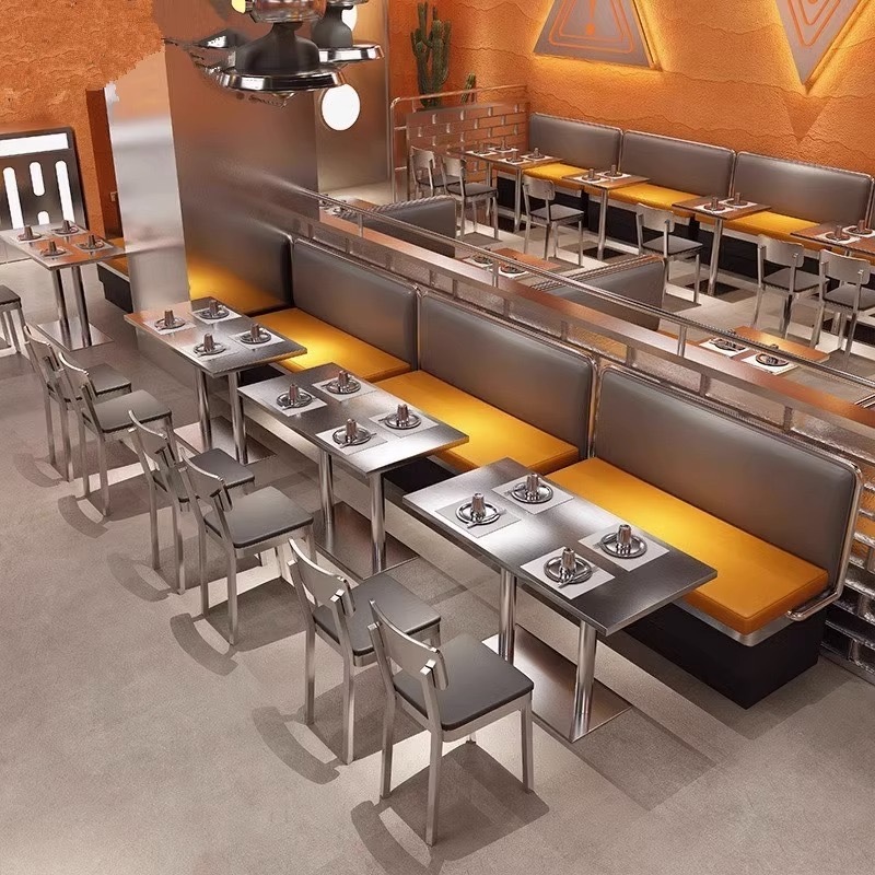 SOF China furniture manufacturer stainless steel coffee shop fast food restaurant furniture indoor booths chairs and table set