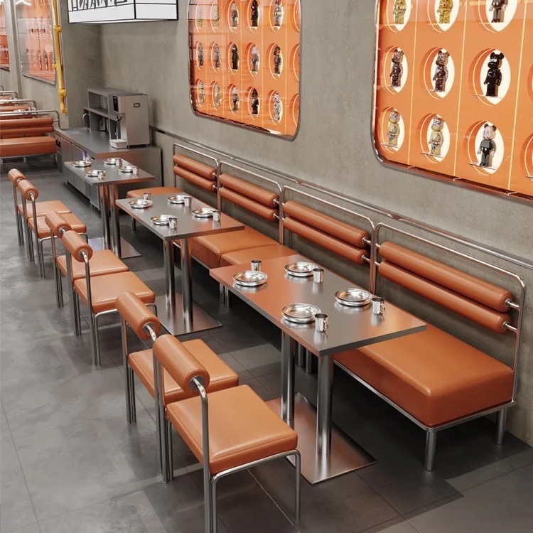 SOF China factory custom commercial modern coffee shop furniture stainless steel restaurant tables booth set