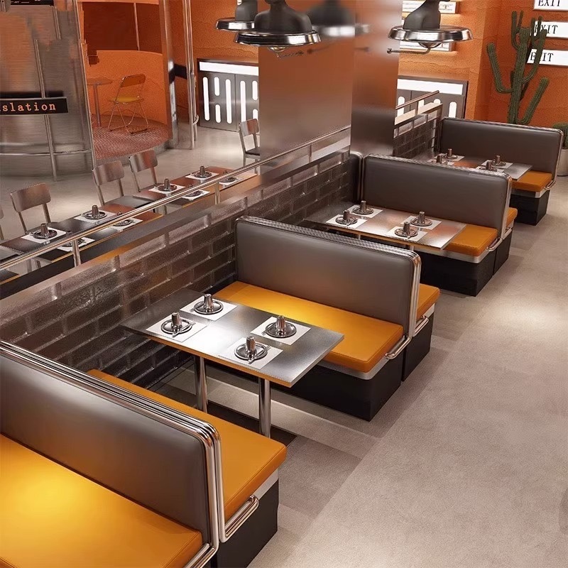 SOF China furniture manufacturer stainless steel coffee shop fast food restaurant furniture indoor booths chairs and table set