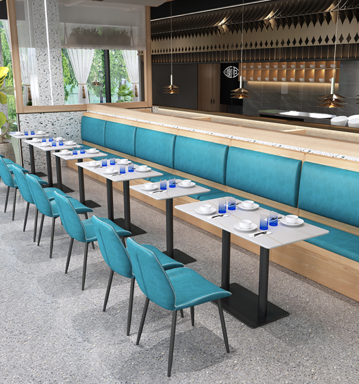 SOF custom sintered stone metal cafe furniture set dining fast food restaurant booth seating with table and chair