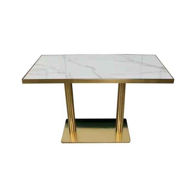 Made in China Restaurant Glossy Natural Sintered Stone Dining Table with Stainless Steel Edging and Legs SOF-T21