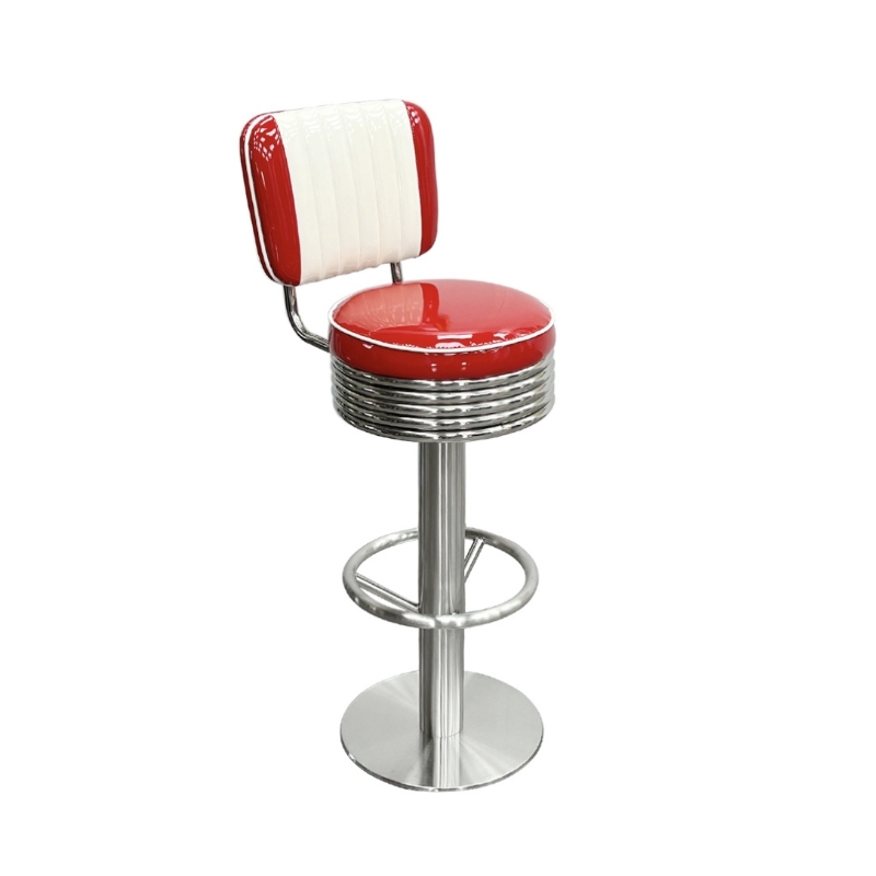 SOF 1950s Style Stainless Steel Red Bar Stool with Backrest for Bistrobar Furniture