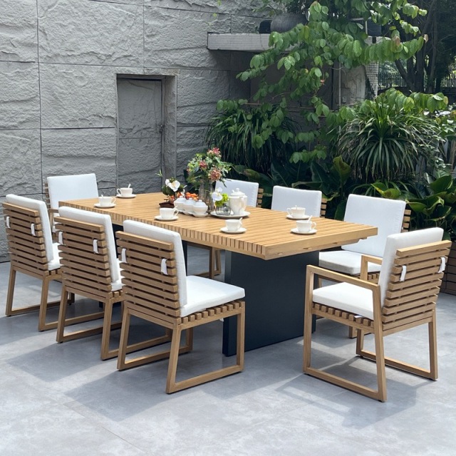 SOF Comfortable Aluminum Outdoor Dining Chair with Cushions and Faux Wood Design