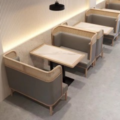 SOF Indoor Rock Slab Dining Table with Solid Wood and Rattan Booth for Restaurants