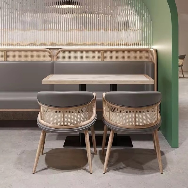 SOF Indoor Rock Slab Dining Table with Solid Wood and Rattan Booth for Restaurants