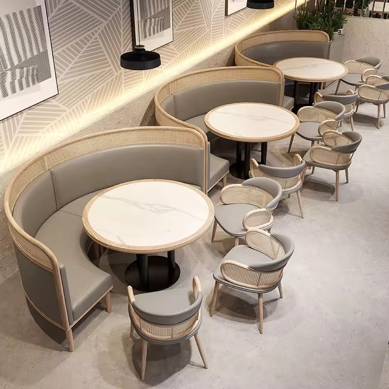 SOF Luxurious Restaurant Indoor Semi-Circular Solid Wood Booth Sofa with Rock Slab Dining Table Set Made in China