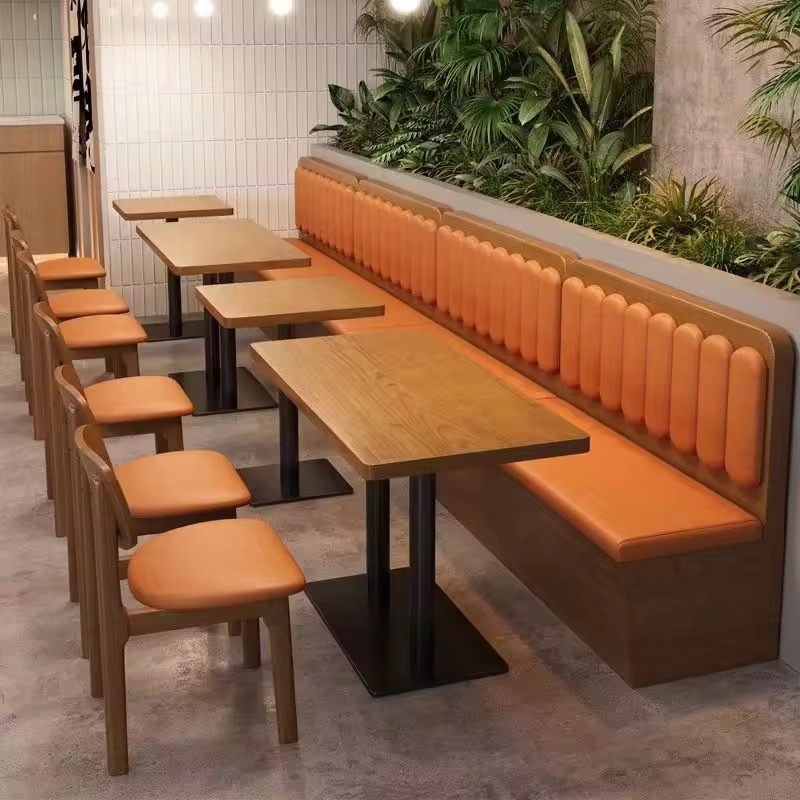SOF Indoor Furniture Wooden Dining Table with Booth Seating and Orange Leather Cushions for Restaurant, Bistro Bar