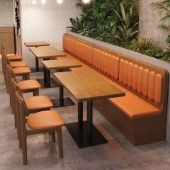 SOF Indoor Furniture Wooden Dining Table with Booth Seating and Orange Leather Cushions for Restaurant, Bistro Bar