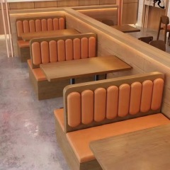 SOF Indoor Furniture Wooden Dining Table with Booth Seating and Orange Leather Cushions for Restaurant, Bistro Bar