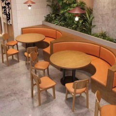SOF Indoor Furniture Wooden Dining Table with Booth Seating and Orange Leather Cushions for Restaurant, Bistro Bar