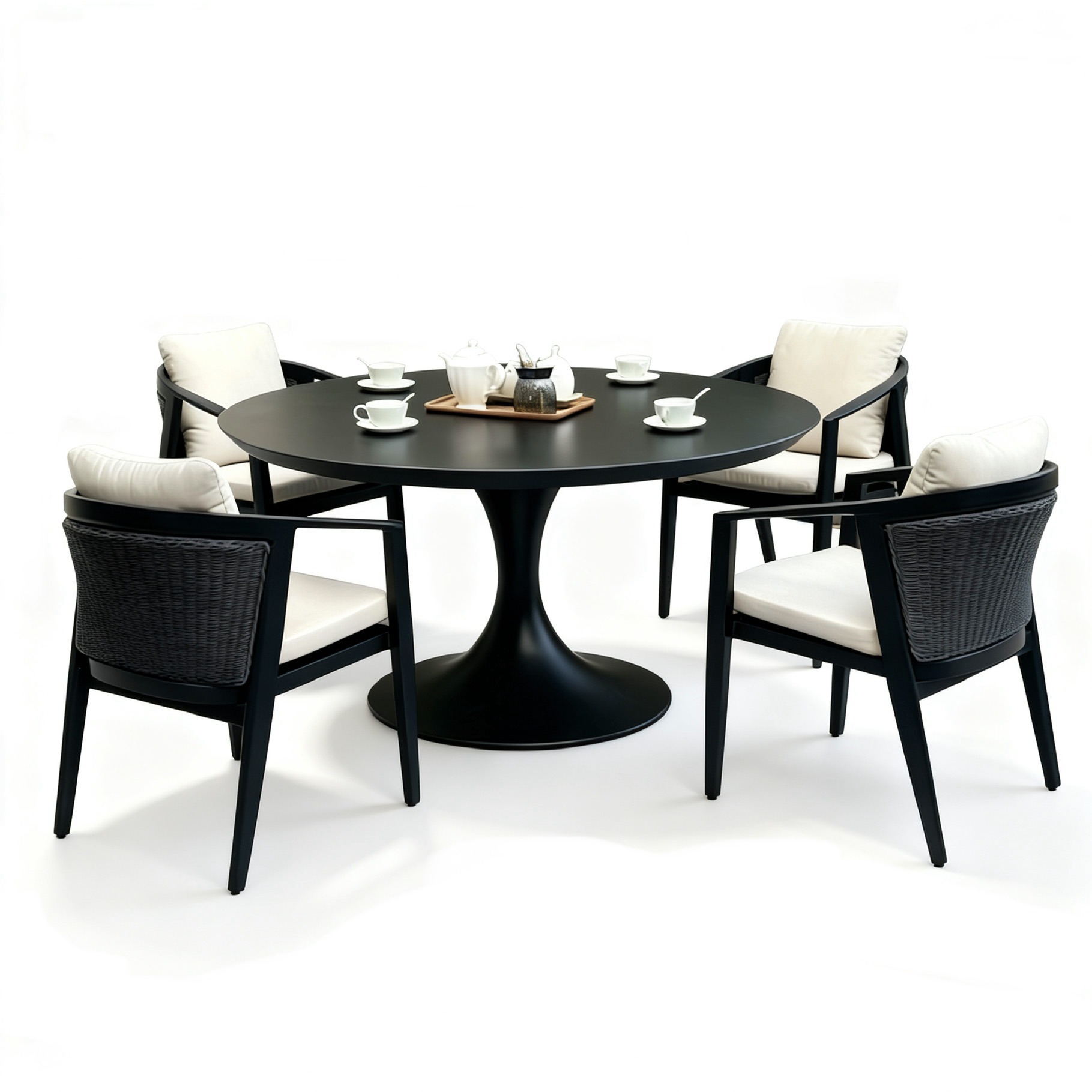 SOF All-Aluminum Weatherproof Outdoor Round Dining Set with Rattan Accent Chairs