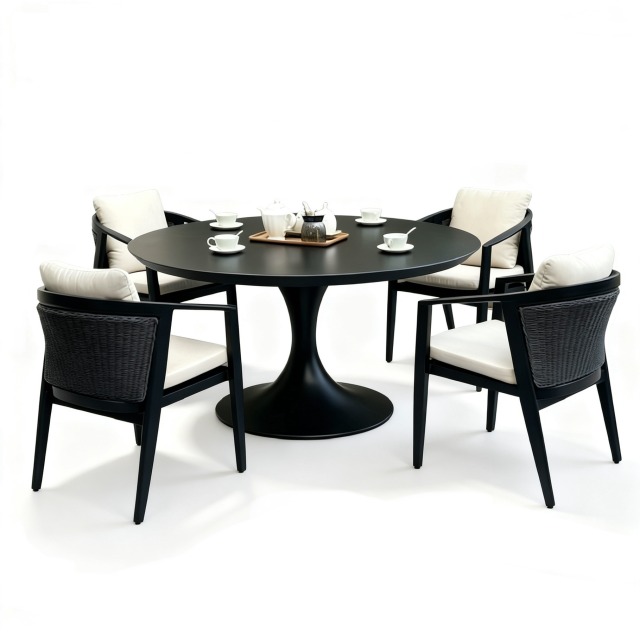 SOF All-Aluminum Weatherproof Outdoor Round Dining Set with Rattan Accent Chairs