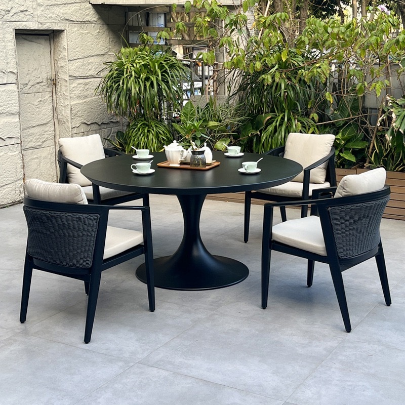 SOF All-Aluminum Weatherproof Outdoor Round Dining Set with Rattan Accent Chairs