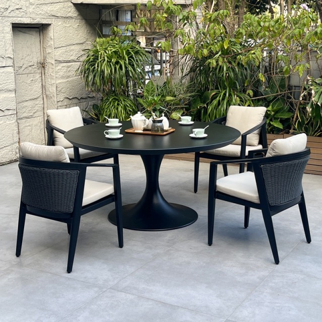 SOF All-Aluminum Weatherproof Outdoor Round Dining Set with Rattan Accent Chairs