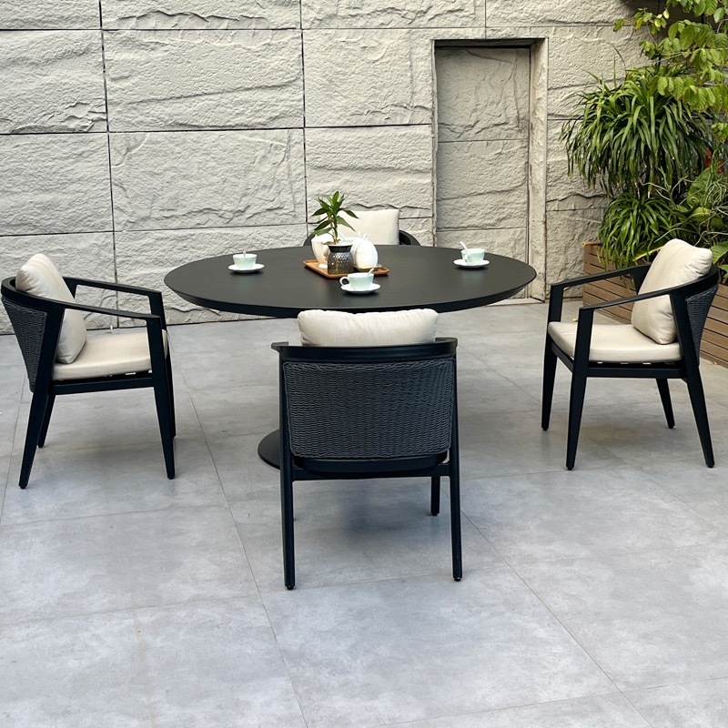 SOF All-Aluminum Weatherproof Outdoor Round Dining Set with Rattan Accent Chairs