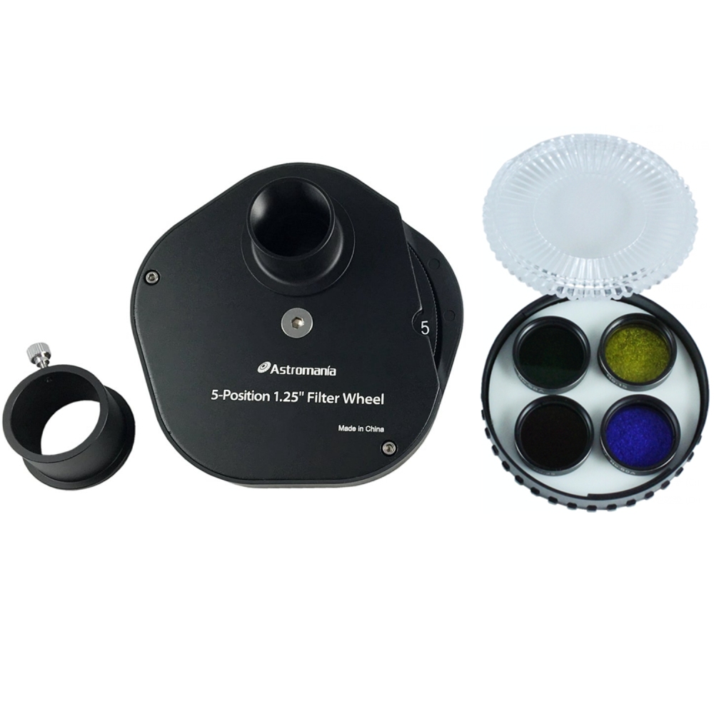 Astromania 1.25" Superior Quality Multiple 5-Position Filter Wheel-With 1.25-Inch Four Color filters(15 Deep Yellow,25 Red,58A Green,80A Medium Blue)