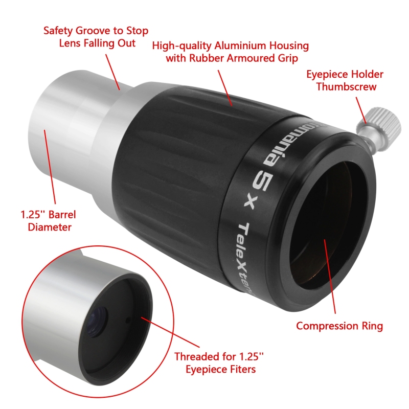 Astromania 1.25&quot; 4-Elements 5x TeleXtender Premium Barlow Lens - apochromatic Barlow lens giving an excellent image
