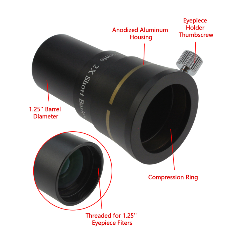 Astromania 1.25&quot; 3-Elements 2x Barlow Lens Fully Multi-Coated Optics