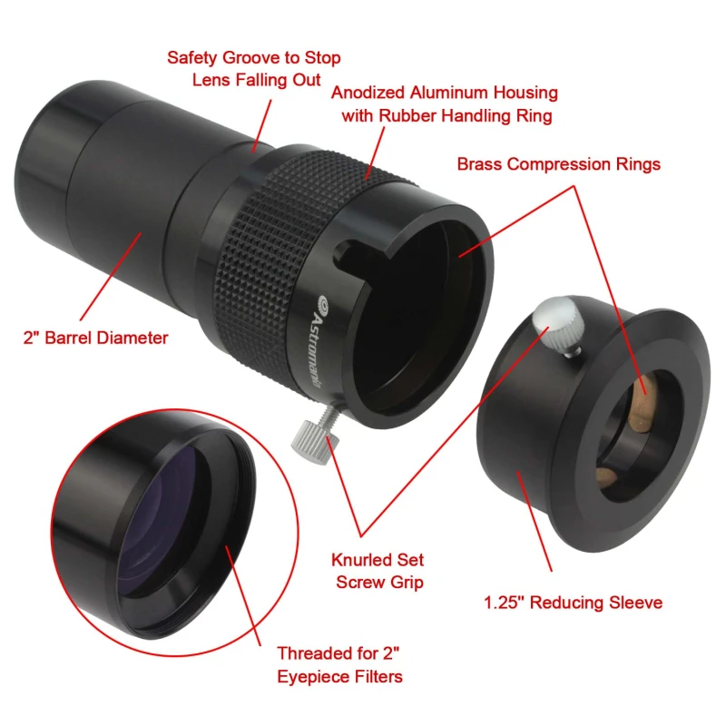 Astromania 2&quot; ED 2x dual power Telescope Barlow Lens for Telescopes