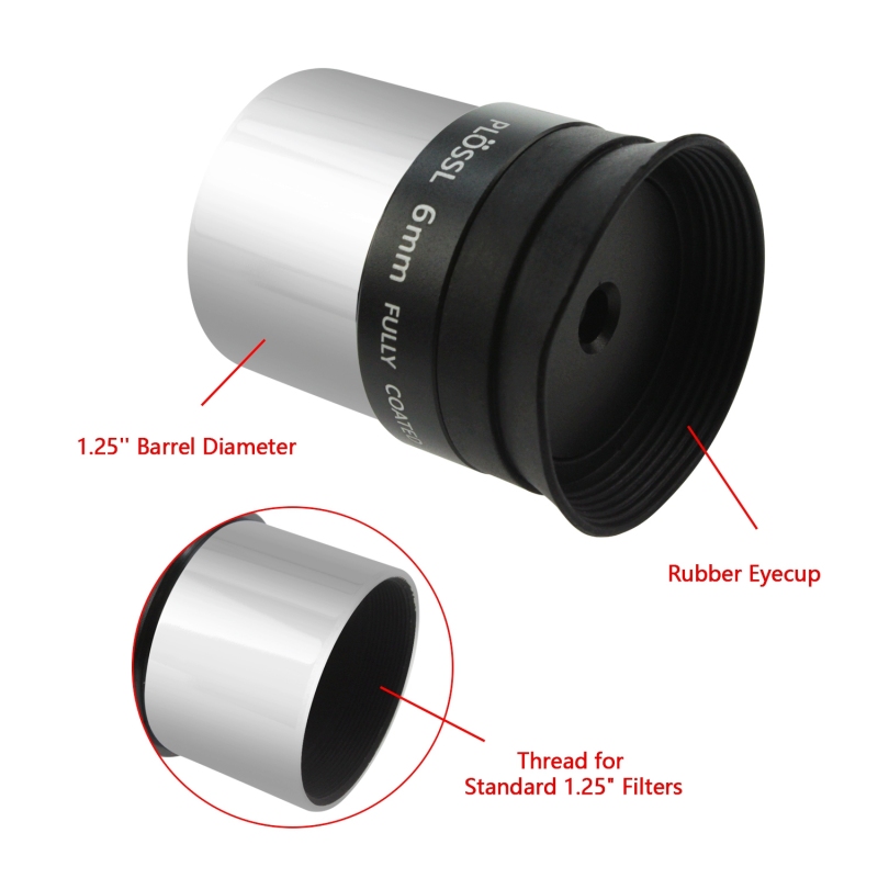 Astromania 1.25" 6mm Plossl Telescope Eyepiece - 4-element Plossl Design - Threaded for Standard 1.25inch Astronomy Filters