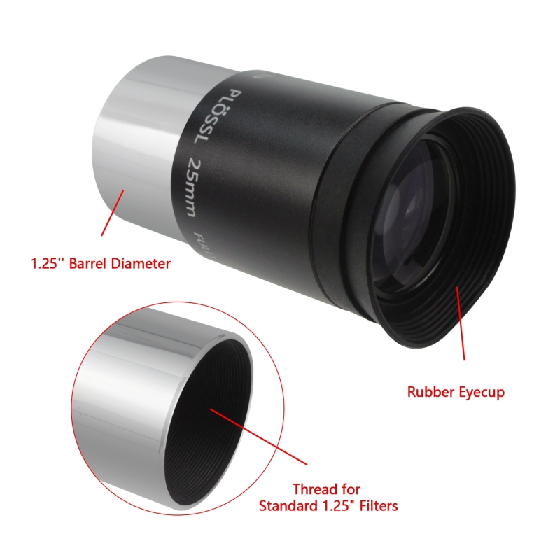 Astromania 1.25&quot; 25mm Plossl Telescope Eyepiece - 4-element Plossl Design - Threaded for Standard 1.25inch Astronomy Filters