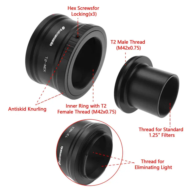 Astromania T/T2 Lens Mount Adapter Ring and M42 to 1.25&quot; Telescope Adapter (T-mount) for Sony-NEX Camera-for all Sony NEX compact system cameras