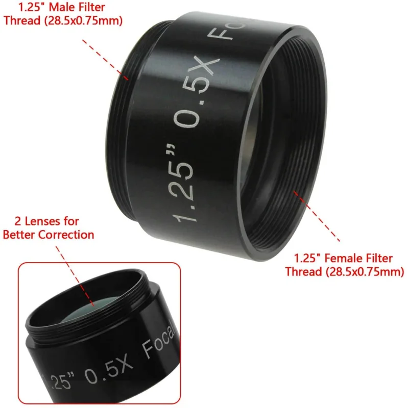 Astromania 0.5X Reducer for Photography And Observing - 1.25&quot; Filter Thread (28.5x0.75MM) on Both Sides - Reduces The Focal Length for Visual