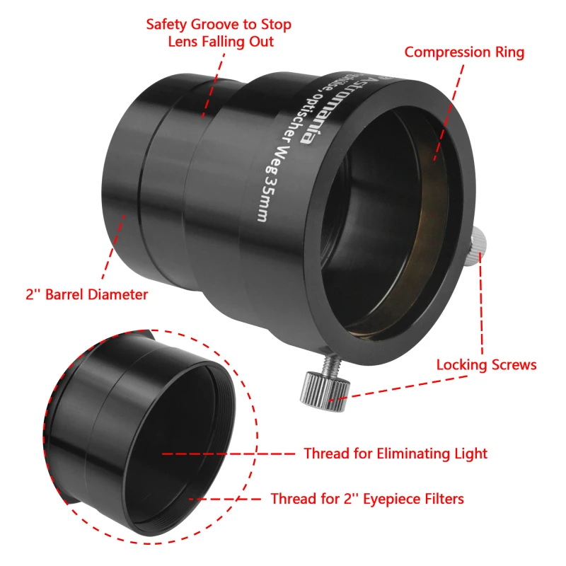 Astromania 2-Inch Telescope Eyepiece Extension Tube Adapter - Optical Length 35mm - With Standand 2-Inch Filter Threads