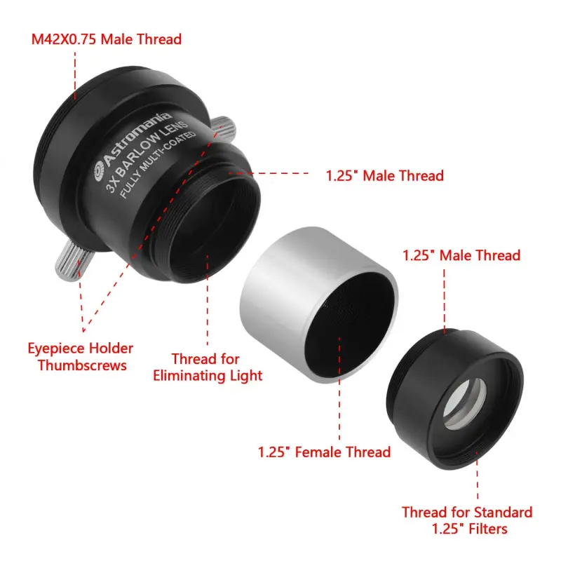 Astromania 1.25&quot; 3x Short Focus Barlow Lens for Telescope Eyepiece - Superior sharpness and color correction