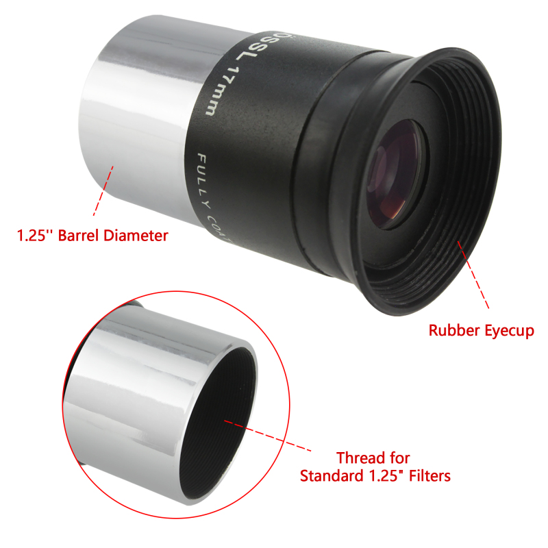 Astromania 1.25&quot; 17mm Plossl Telescope Eyepiece - 4-element Plossl Design - Threaded for Standard 1.25inch Astronomy Filters