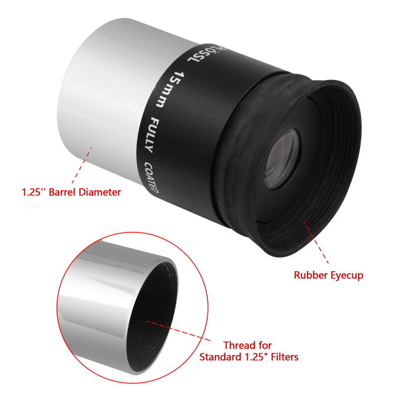 Astromania 1.25&quot; 15mm Plossl Telescope Eyepiece - 4-element Plossl Design - Threaded for Standard 1.25inch Astronomy Filters