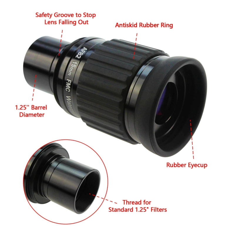 Astromania 1.25&quot;-82 Degree SWA-15mm compact eyepiece, Waterproof &amp; Fogproof - allows any water enter the interior and enjoy an unobstructed view